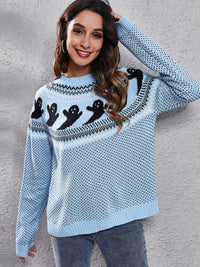 Gestrickter Pullover mit Rundhals und literarischem Retro-Geistermuster