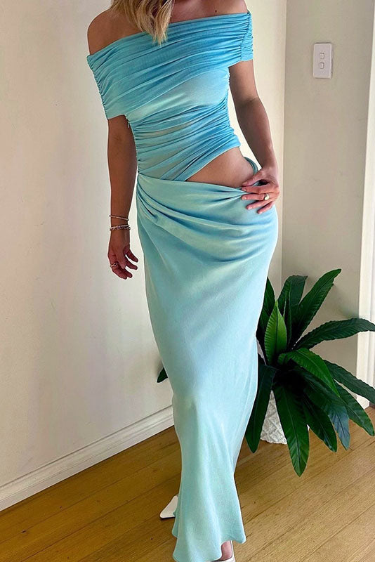 Maxikleid mit transparentem Netzstoff und schulterfreiem Schnitt