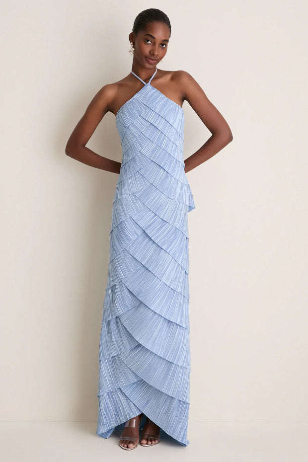 Hellblaues Plissee-Halterneck-Stufen-Maxi-Kleid