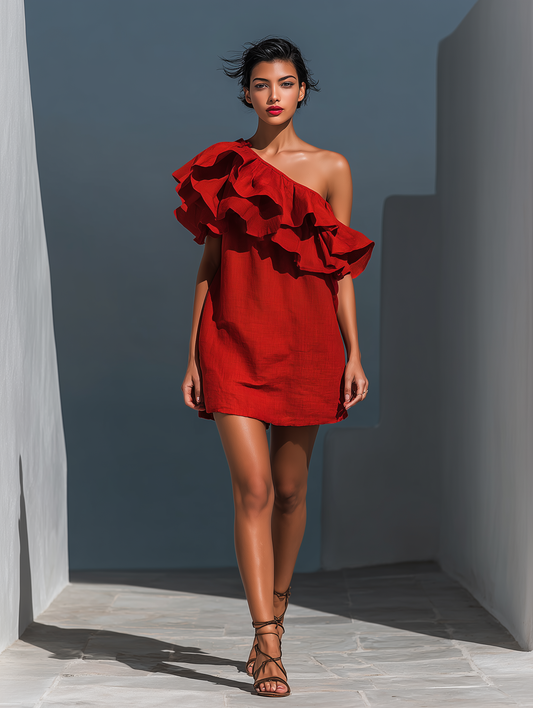 Rotes Leinenmischgewebe Ein-Schulter Stufen Mini-Kleid