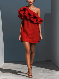 Rotes Leinenmischgewebe Ein-Schulter Stufen Mini-Kleid