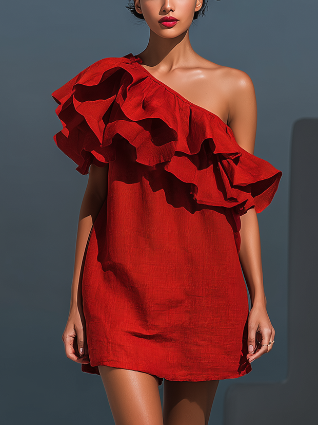 Rotes Leinenmischgewebe Ein-Schulter Stufen Mini-Kleid