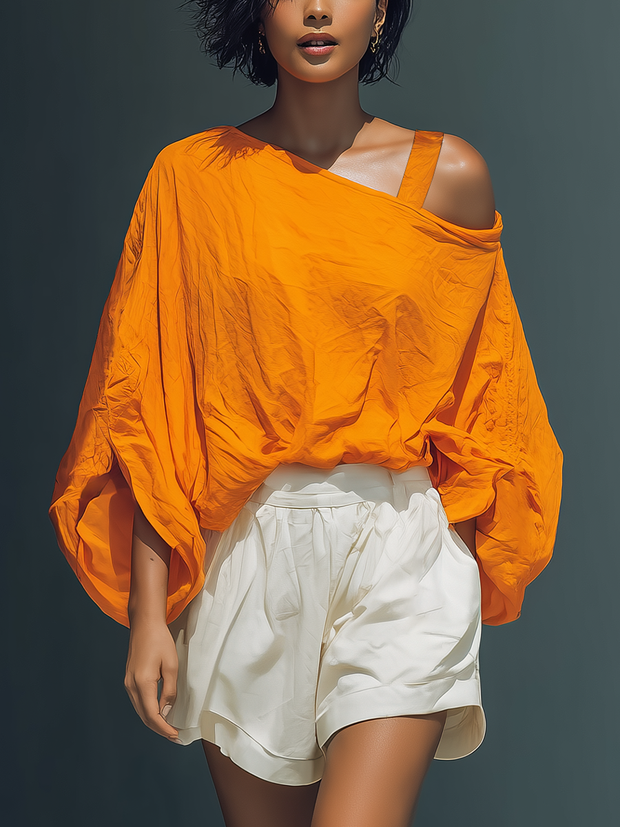 Orangenfarbenes Leinen-Mischgewebe Cold-Shoulder-Oberteil & weiße Shorts mit Rüschen Set