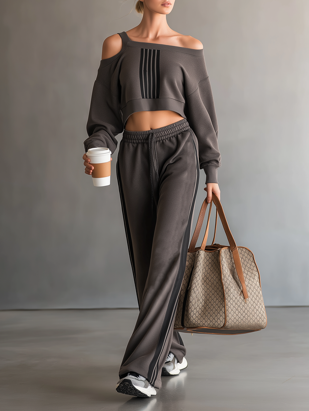 Schulterfreies Cropped Sweatshirt- und Jogginghosen-Set