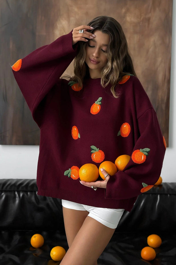 Mädchen Pullover aus orangefarbenem, floriertem Strick im modernen Stil