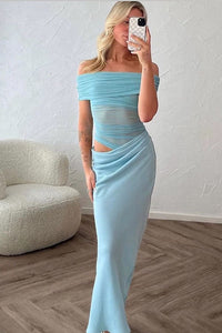 Maxikleid mit transparentem Netzstoff und schulterfreiem Schnitt
