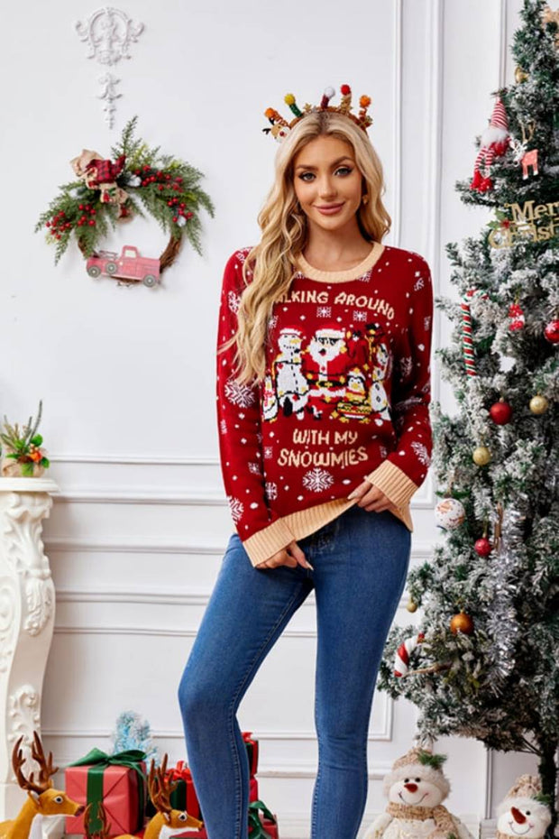 Lässiger, bestickter Pullover mit Rundhals – Weihnachtsmann und Pinguin