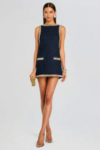 Marineblaues Denim-Kurzes Kleid mit Kristallbesatz