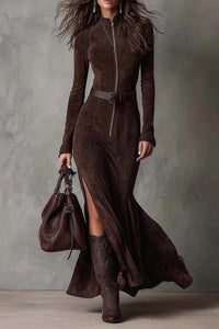 Elegantes dunkelbraunes Wildleder-Kleid in Midi-Länge mit unregelmäßigem Saum und Kordelzug