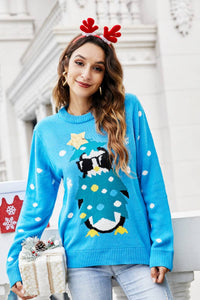 Lässiger Strickpullover mit Rundhals und Pinguin-Stickerei