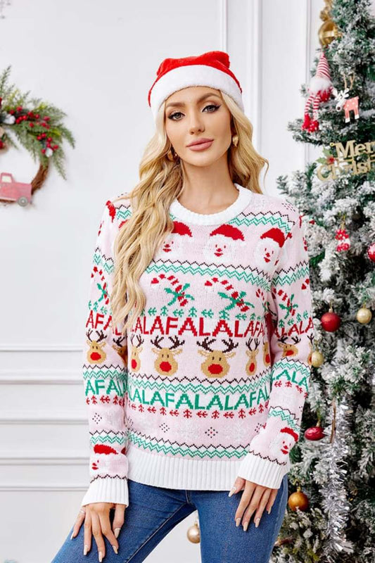 Locker sitzender Rundhals-Weihnachts-Cartoon-Pullover aus Strick – Rosa