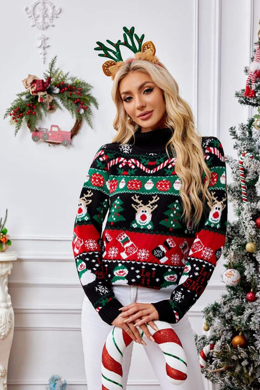 Hochgeschlossener Pullover mit weihnachtlicher Schneemann-Stickerei im modernen Stil