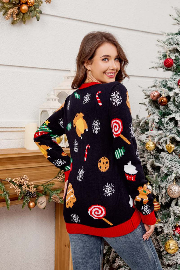 Lässiger, bestickter Weihnachtsbaumpullover mit Rundhals