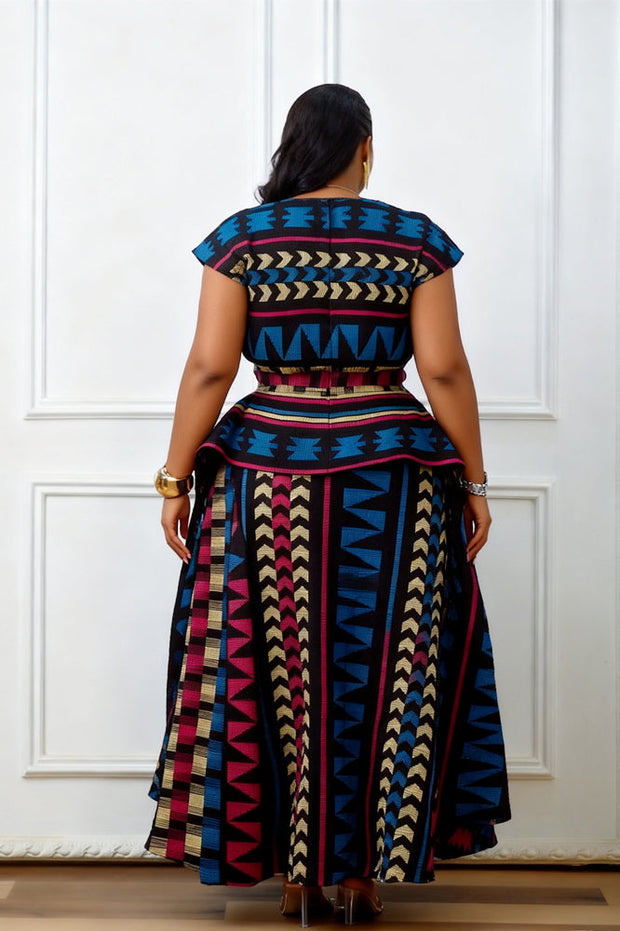 Mehrfarbiges afrikanisches Druck-Peplum-Langes Kleid