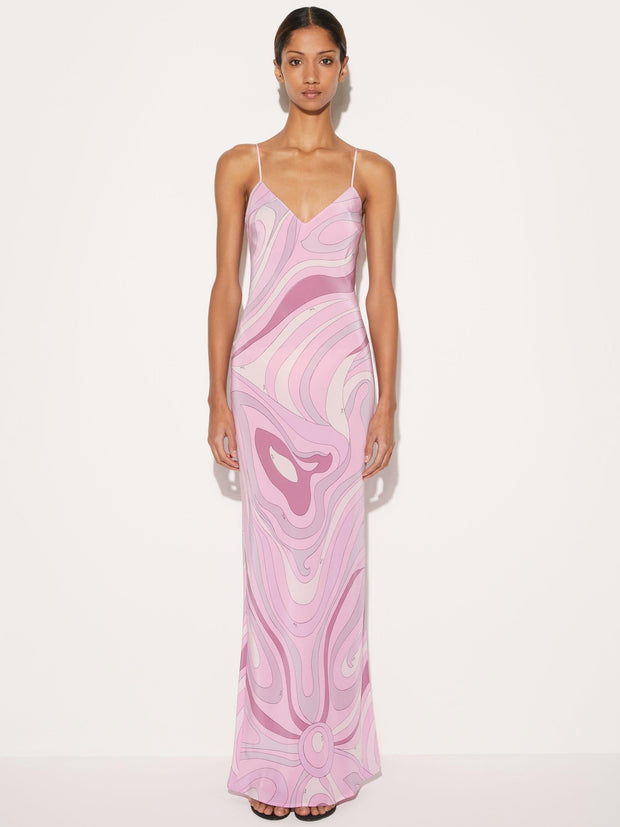 Marmo bedrucktes Satin-Langes Kleid