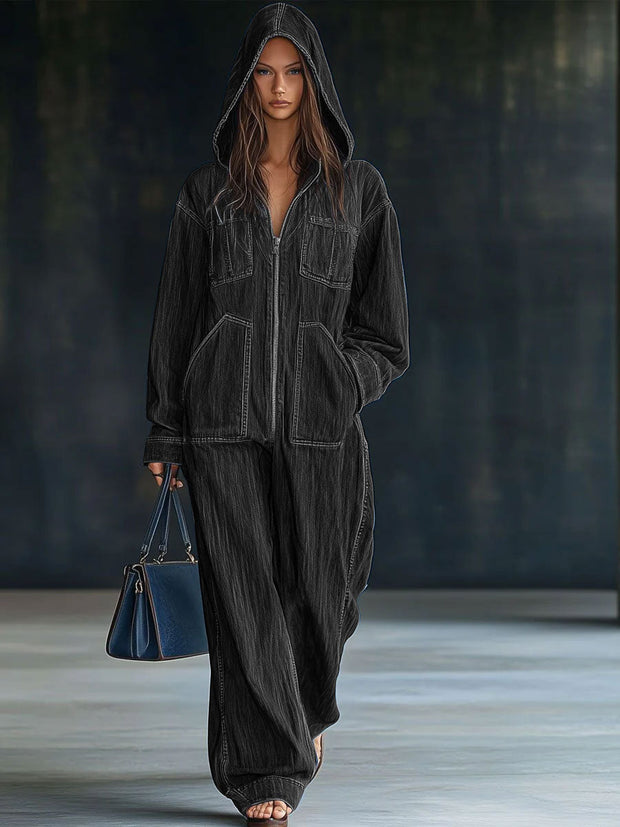 Lässiger weiter Retro-Jeans-Overall mit Kapuze, Reißverschluss, langen Ärmeln und Taschen im modernen Stil