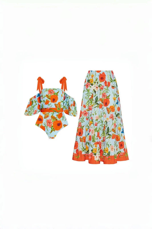 Floraler Bandeau-Einteiler mit Puffärmeln im modernen Stil