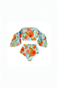 Bikini-Set mit Blumenmuster, Puffärmeln und hoher Taille im modernen Stil