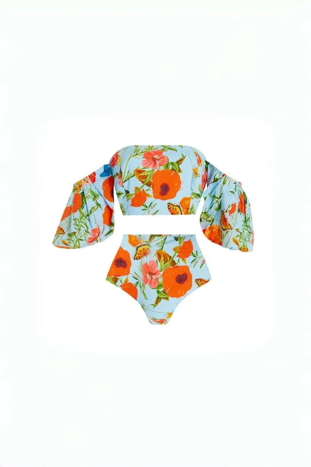 Bikini-Set mit Blumenmuster, Puffärmeln und hoher Taille im modernen Stil