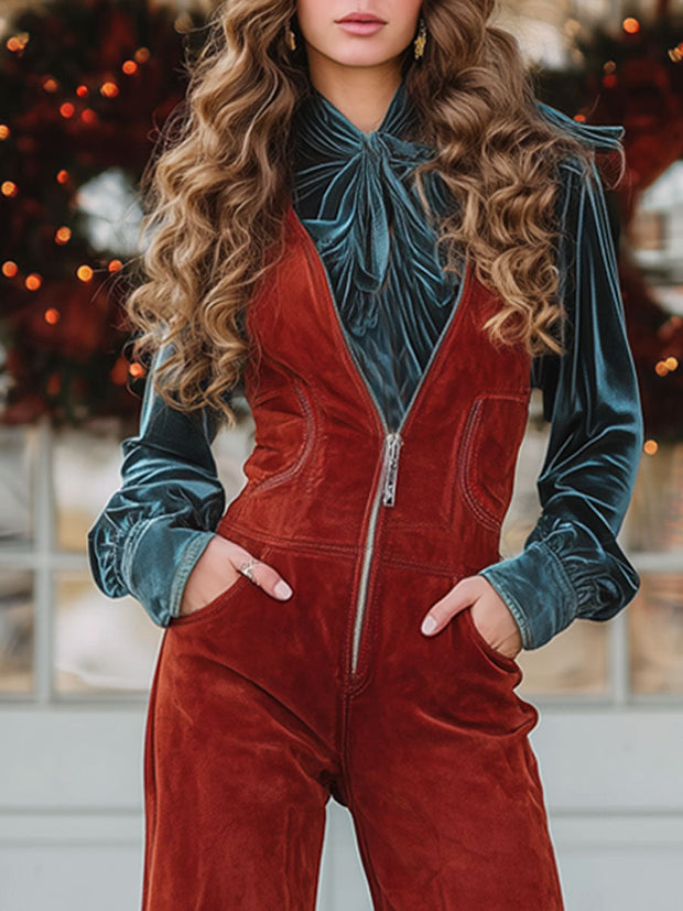 Western Retro V-Ausschnitt Reißverschluss Rote Kunstwildleder Weite Bein Quasten Latzhose im modernen Stil
