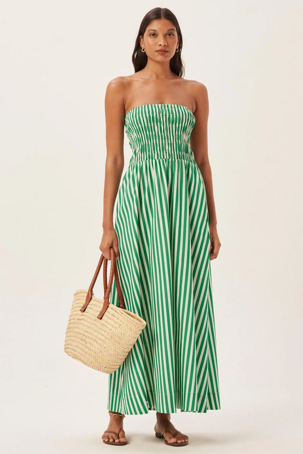 Maud – Gestreiftes, gesmoktes Maxi-Tube-Kleid im modernen Stil