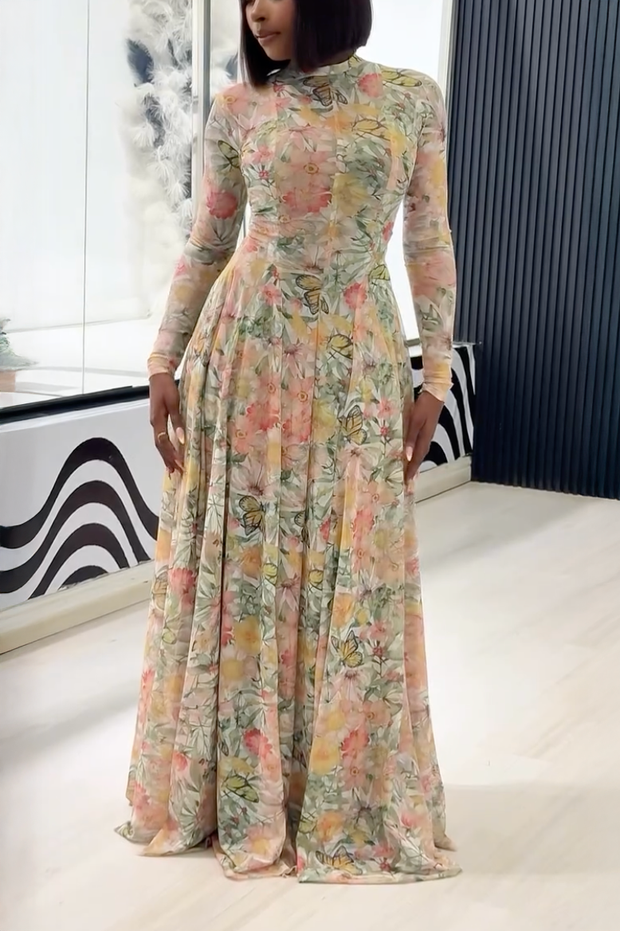 Verve Blumen-Schmetterling Blüten Maxi-Kleid im modernen Stil