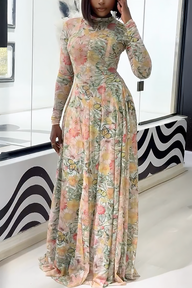 Verve Blumen-Schmetterling Blüten Maxi-Kleid im modernen Stil