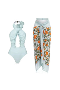 Neckholder Rückenfreier Badeanzug mit 3D-Blumen-Set