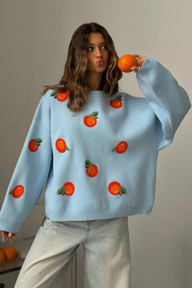Mädchen Pullover aus orangefarbenem, floriertem Strick im modernen Stil