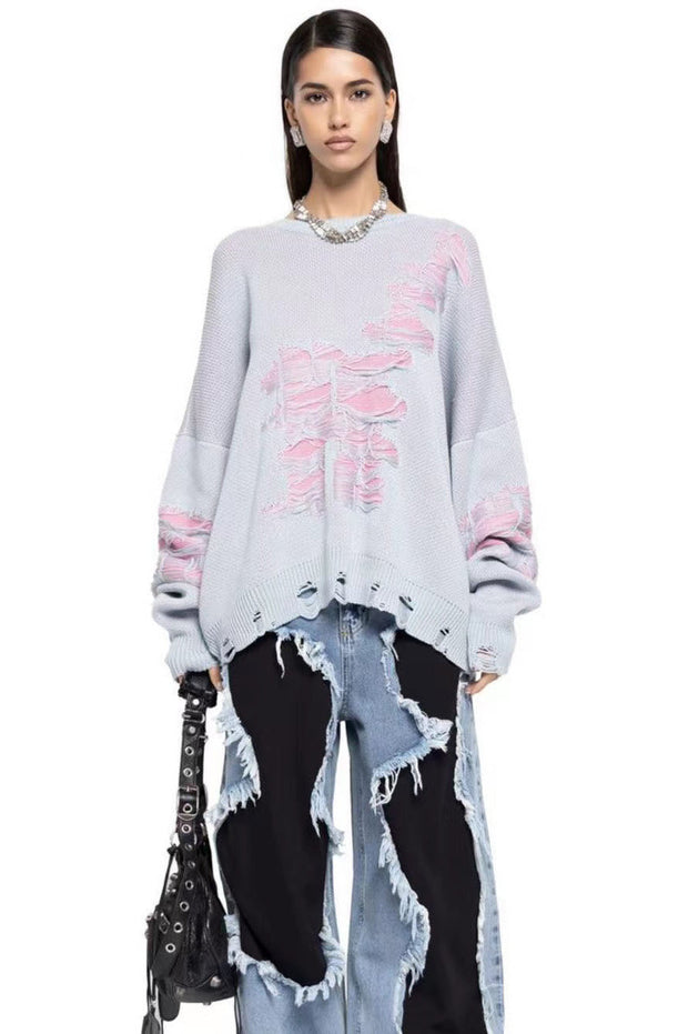Farbblock Rissiger Lässiger Pullover