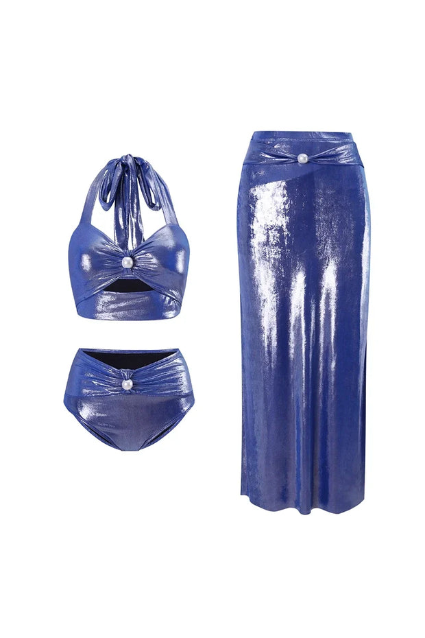 Glänzender Nebel Deep V Neck Neckholder Badeanzug mit Perlen im modernen Stil