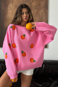 Mädchen Pullover aus orangefarbenem, floriertem Strick im modernen Stil