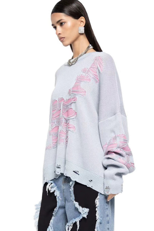 Farbblock Rissiger Lässiger Pullover