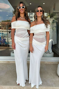 Maxikleid mit transparentem Netzstoff und schulterfreiem Schnitt
