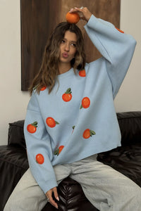 Mädchen Pullover aus orangefarbenem, floriertem Strick im modernen Stil