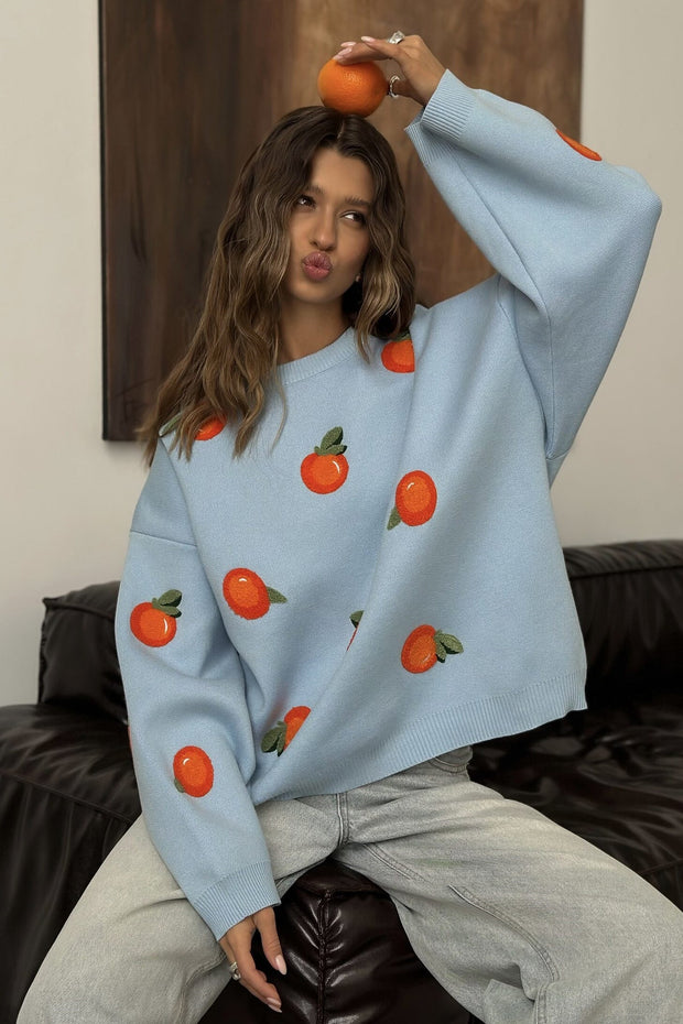 Mädchen Pullover aus orangefarbenem, floriertem Strick im modernen Stil