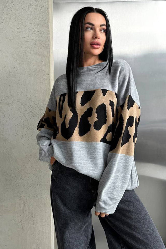 Retro Pullover mit Leopardenmuster und Color-Block-Design im modernen Stil