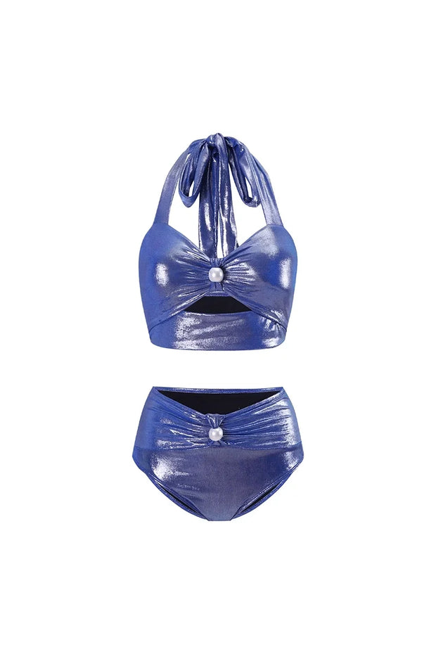 Glänzender Nebel Deep V Neck Neckholder Badeanzug mit Perlen im modernen Stil