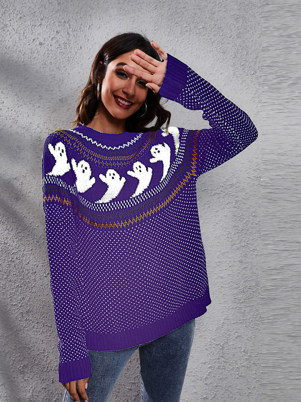 Gestrickter Pullover mit Rundhals und literarischem Retro-Geistermuster