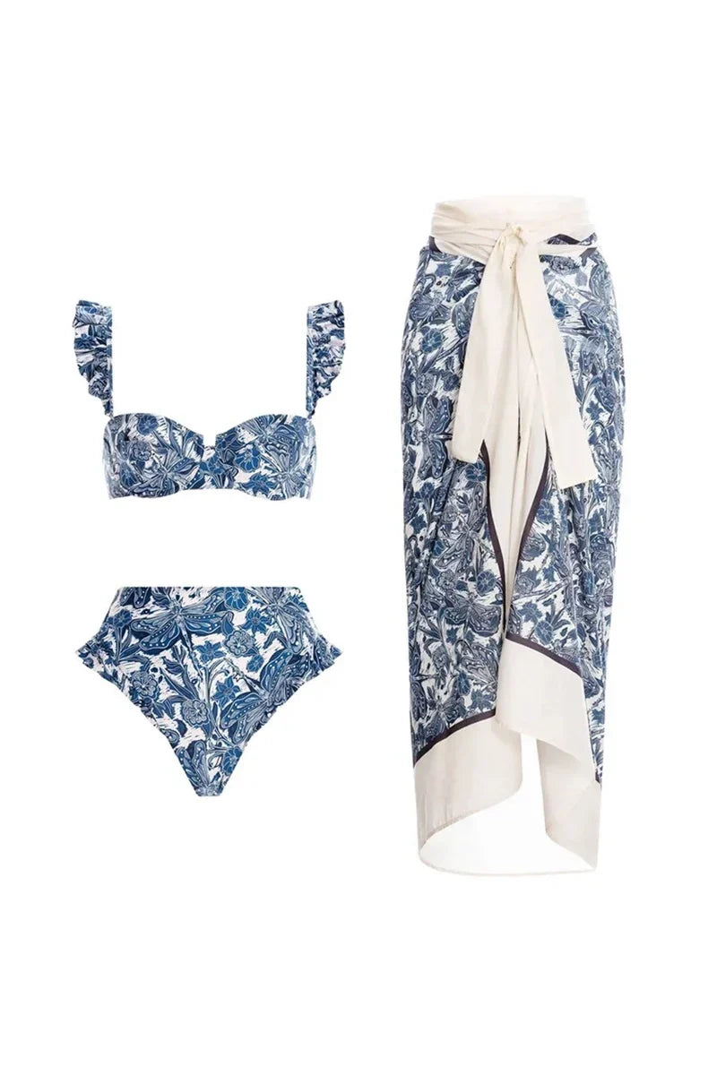 Bikini-Set mit blauem Libellen-Muster und Rüschen