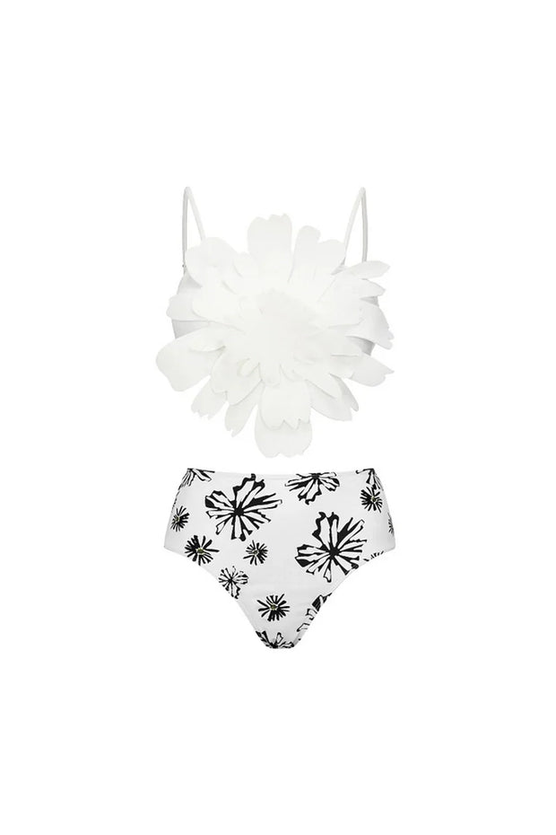 Bikini-Set mit weißem Blumenmuster und Besatz im modernen Stil