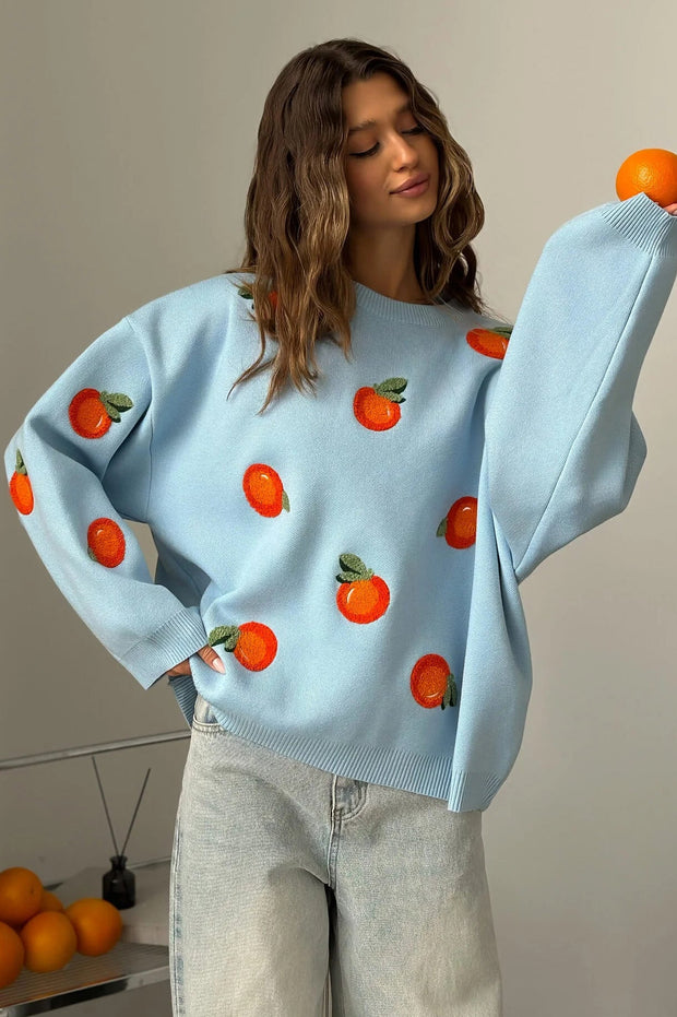 Mädchen Pullover aus orangefarbenem, floriertem Strick im modernen Stil