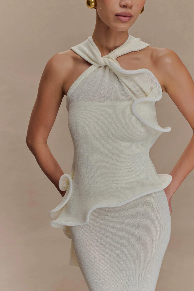 Gestricktes Neckholder-Langes Kleid mit Rüschen
