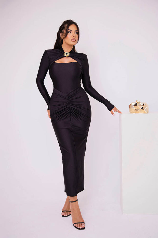 Langärmeliges, figurbetontes Midi-Party-Kleid im modernen Stil