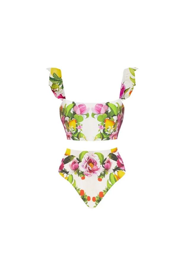 Bikini-Set mit Blumenmuster und hoher Taille im modernen Stil