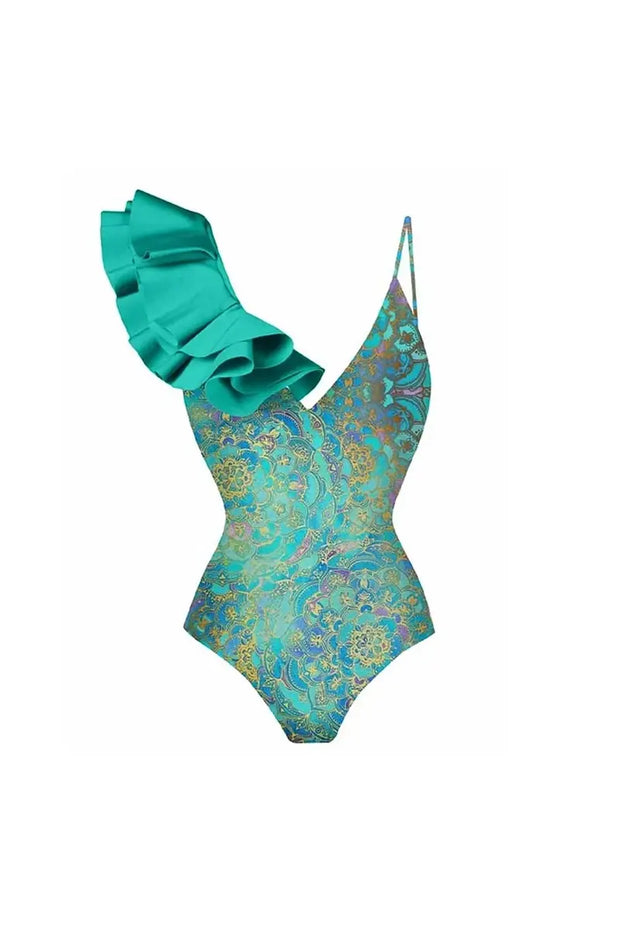Boho Rüschen-Muster Einteiliger Badeanzug Set