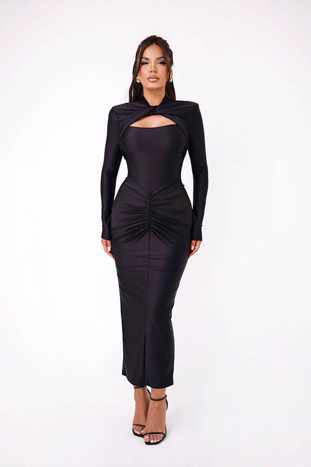Langärmeliges, figurbetontes Midi-Party-Kleid im modernen Stil