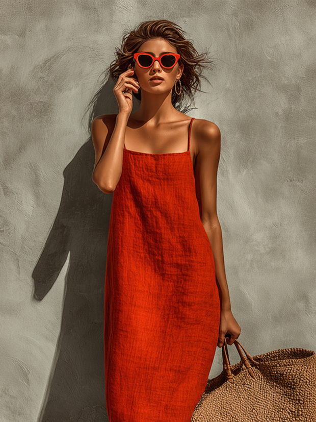 Rotes Baumwollkleid mit quadratischem Ausschnitt und Spaghettiträgern