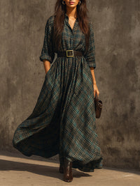 Retro kariertes Langes Kleid aus Baumwollmischung mit Gürtel und einreihiger Knopfleiste