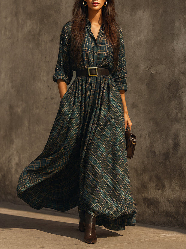Retro kariertes Langes Kleid aus Baumwollmischung mit Gürtel und einreihiger Knopfleiste